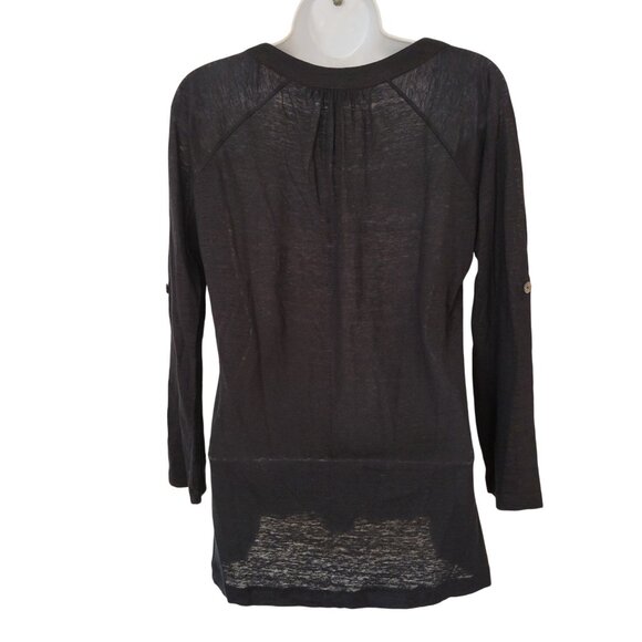 Joie Black Linen Long Sleeve Blouse Button Tabs M Summer Neutral Natural - Picture 7 of 8